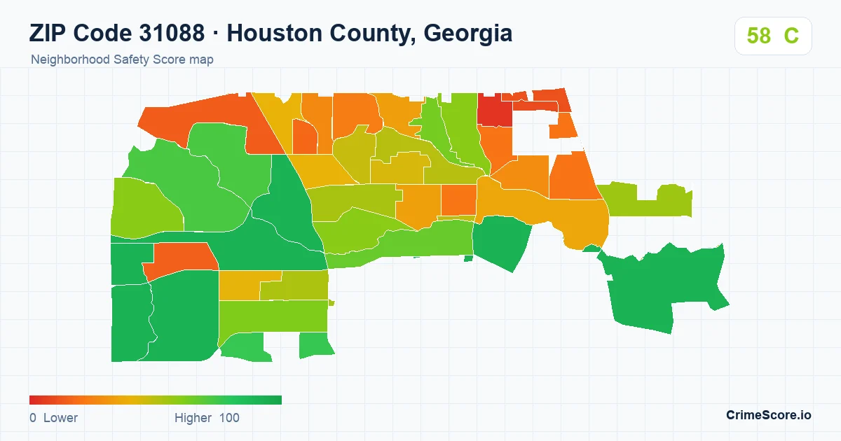 ZIP Code 31088 in Houston County, Georgia neighborhood Safety Score map