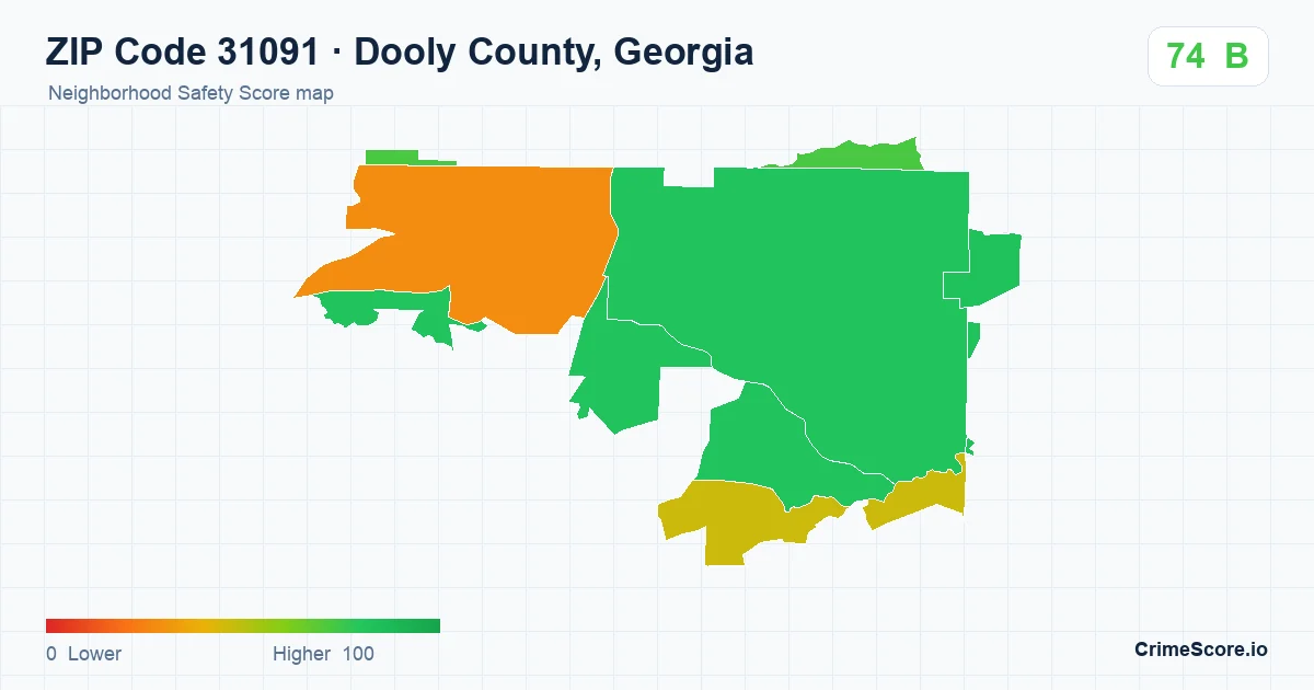 ZIP Code 31091 in Dooly County, Georgia neighborhood Safety Score map