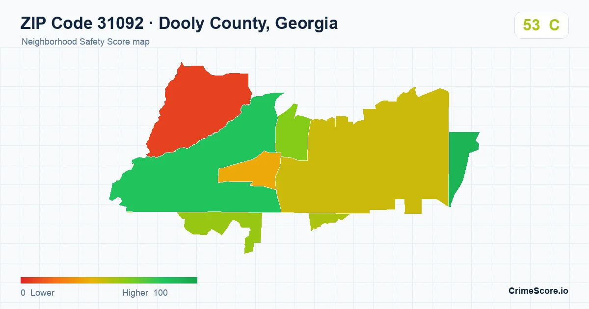 ZIP Code 31092 in Dooly County, Georgia neighborhood Safety Score map