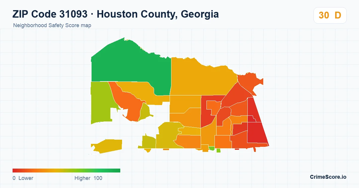 ZIP Code 31093 in Houston County, Georgia neighborhood Safety Score map