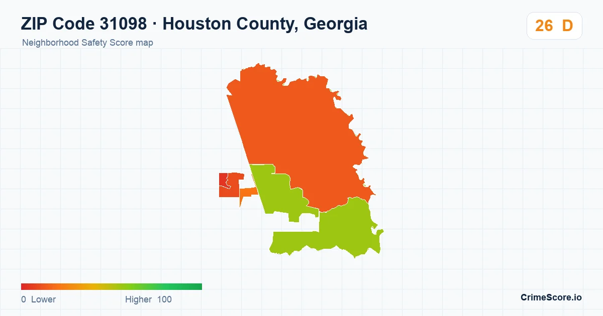 ZIP Code 31098 in Houston County, Georgia neighborhood Safety Score map