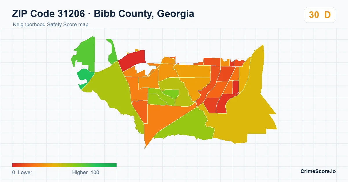 ZIP Code 31206 in Bibb County, Georgia neighborhood Safety Score map