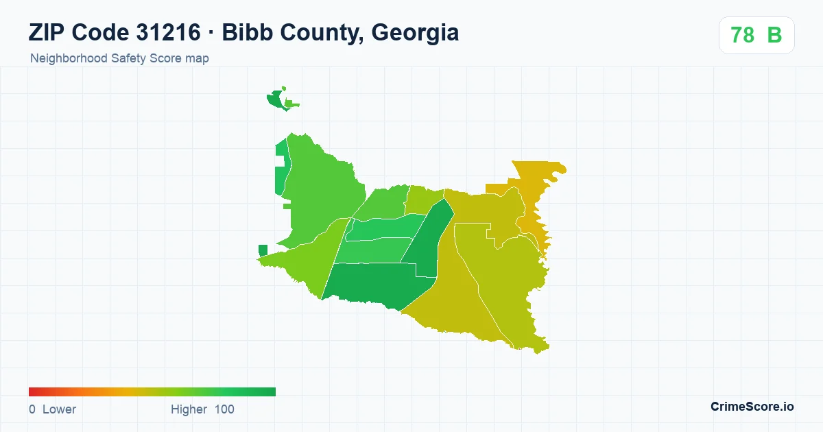 ZIP Code 31216 in Bibb County, Georgia neighborhood Safety Score map