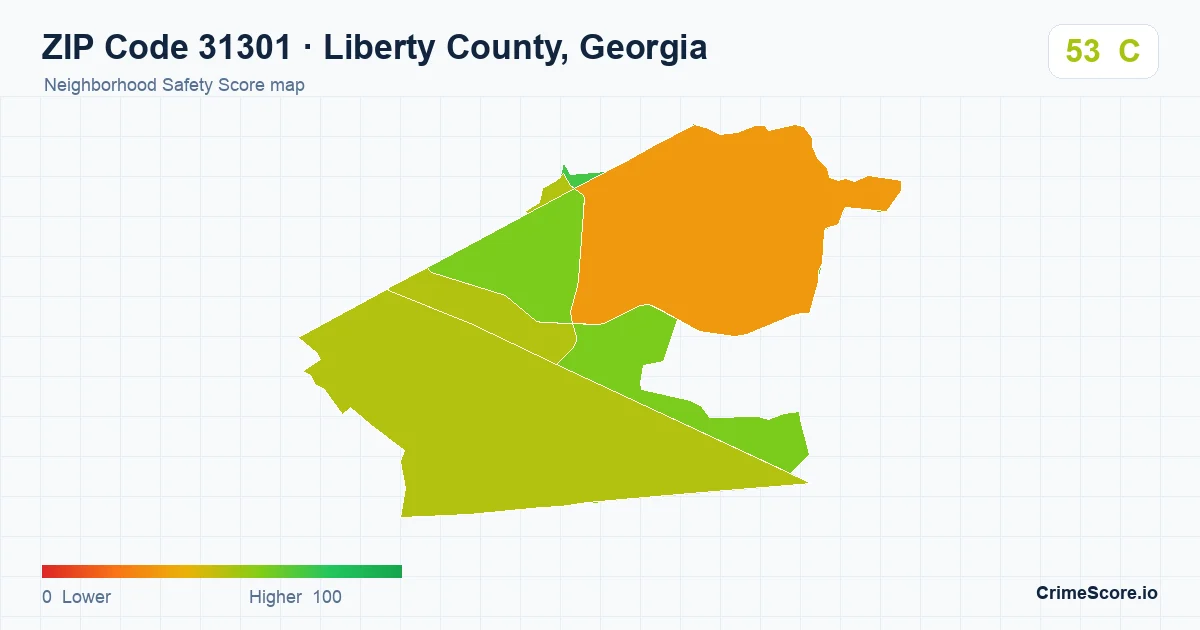 ZIP Code 31301 in Liberty County, Georgia neighborhood Safety Score map
