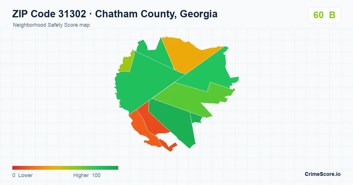 ZIP Code 31302 in Chatham County, Georgia neighborhood Safety Score map