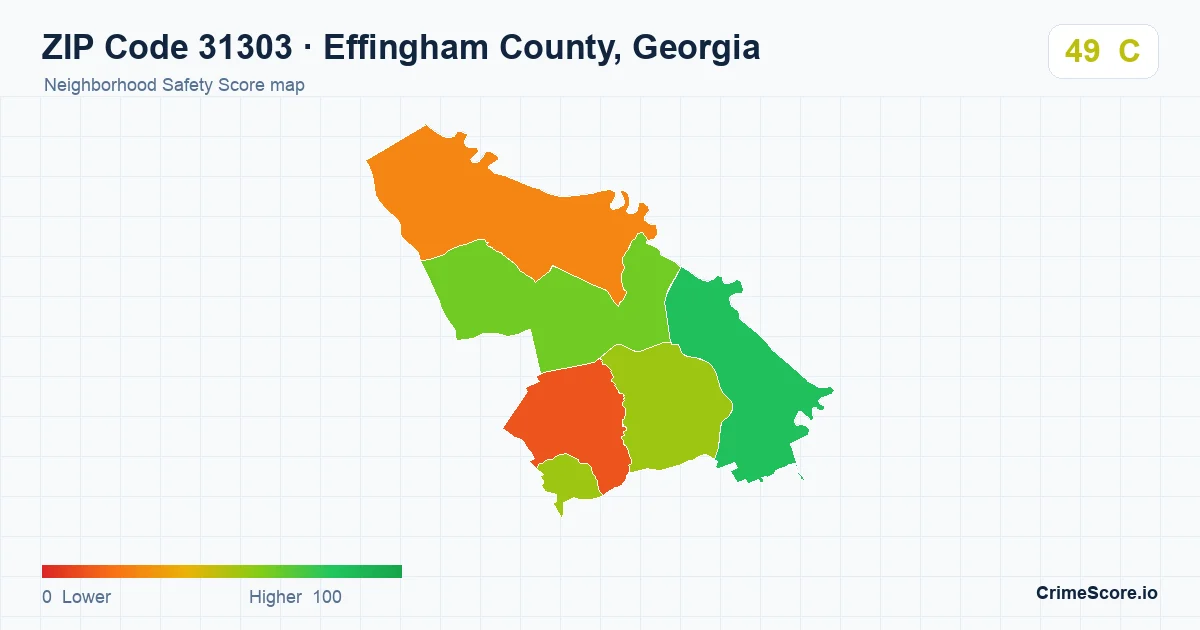 ZIP Code 31303 in Effingham County, Georgia neighborhood Safety Score map