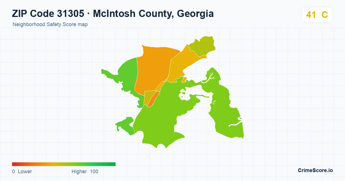 ZIP Code 31305 in McIntosh County, Georgia neighborhood Safety Score map