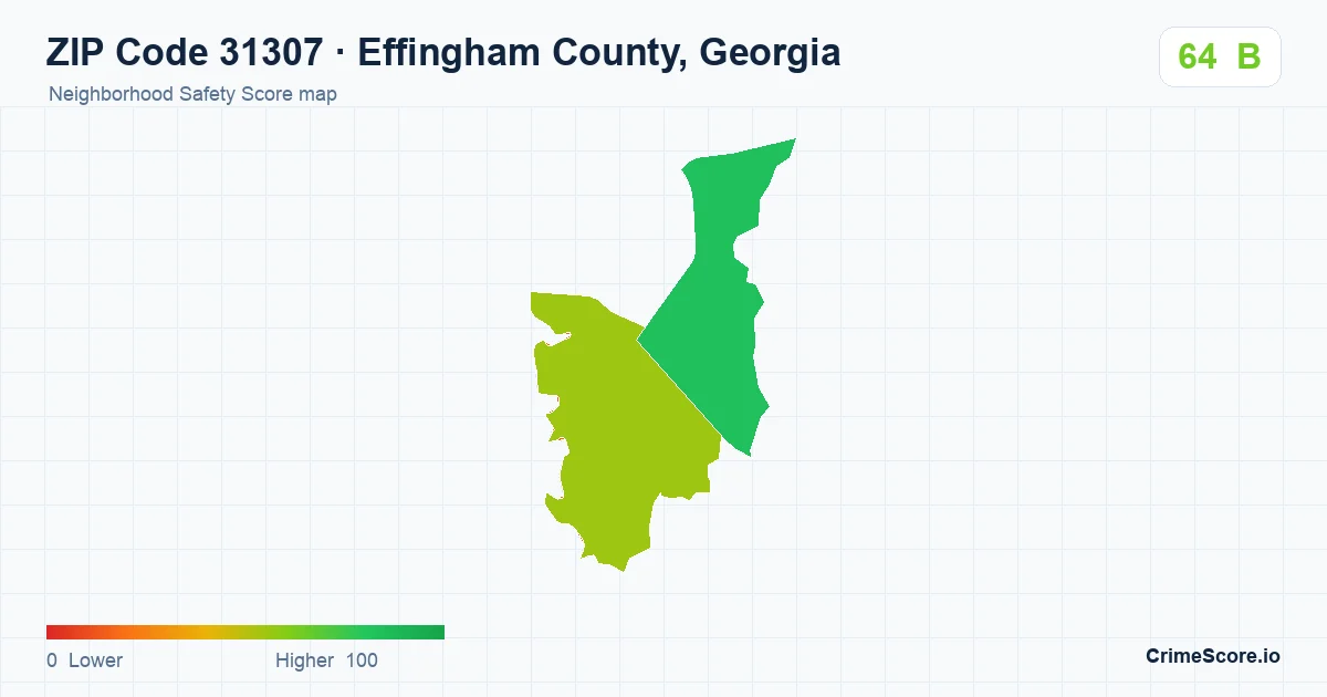ZIP Code 31307 in Effingham County, Georgia neighborhood Safety Score map