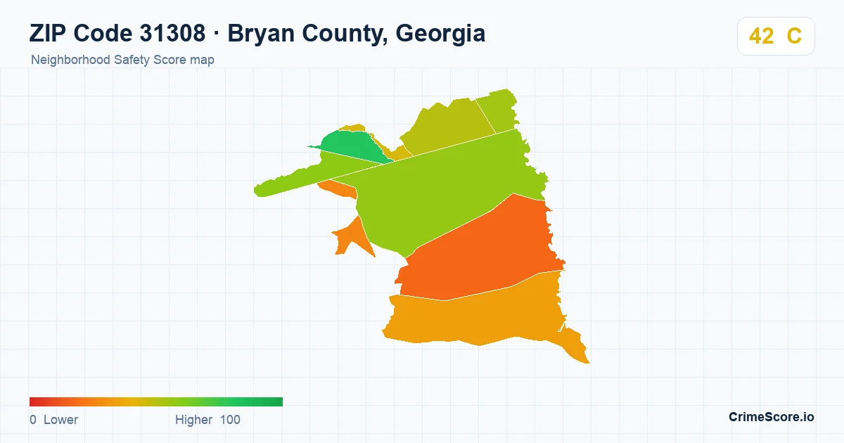 ZIP Code 31308 in Bryan County, Georgia neighborhood Safety Score map
