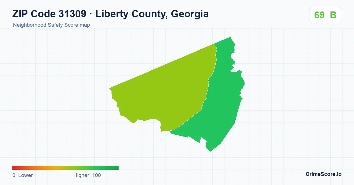 ZIP Code 31309 in Liberty County, Georgia neighborhood Safety Score map