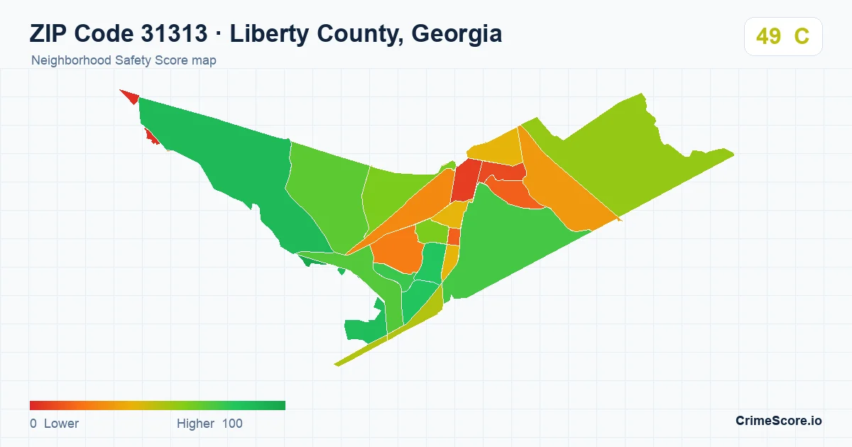 ZIP Code 31313 in Liberty County, Georgia neighborhood Safety Score map