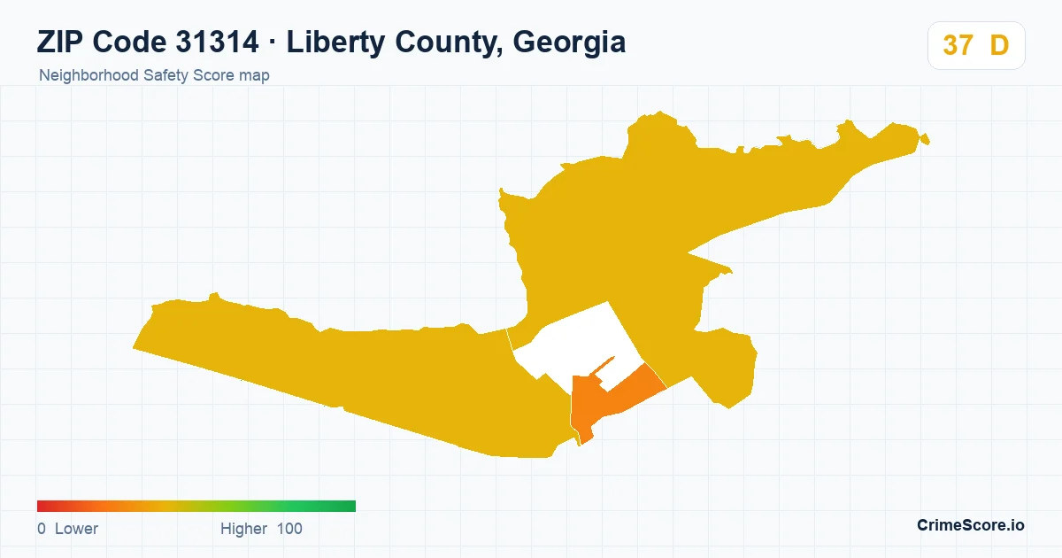 ZIP Code 31314 in Liberty County, Georgia neighborhood Safety Score map