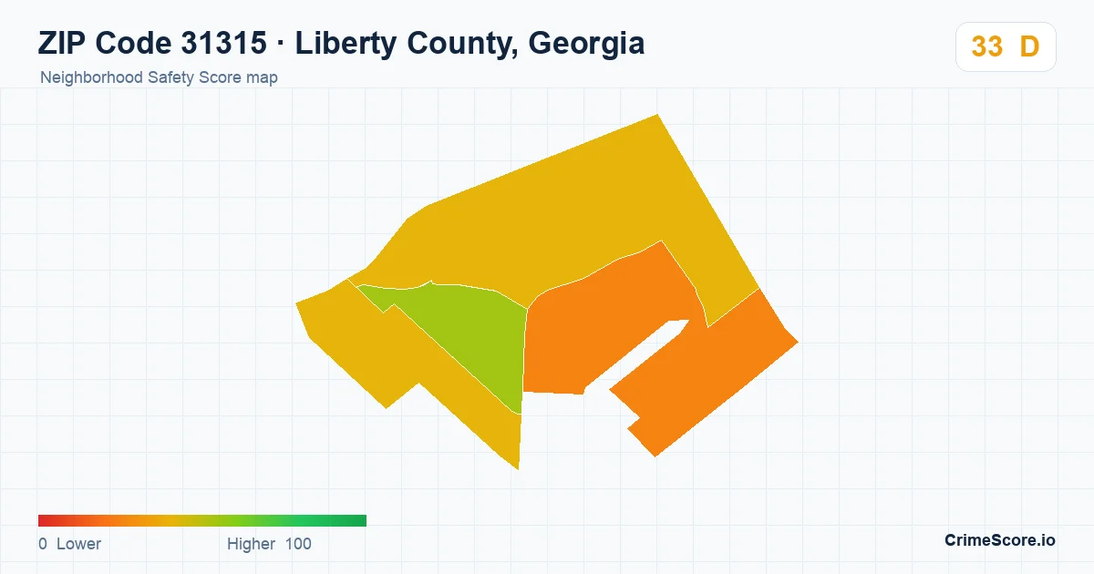 ZIP Code 31315 in Liberty County, Georgia neighborhood Safety Score map