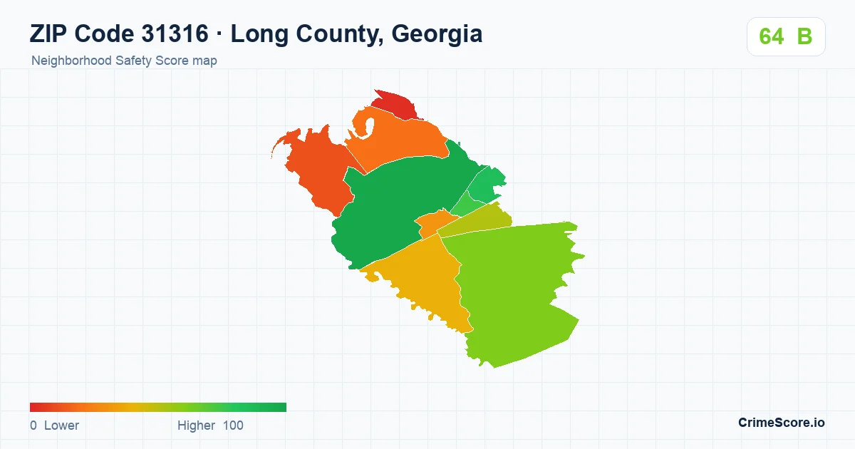 ZIP Code 31316 in Long County, Georgia neighborhood Safety Score map