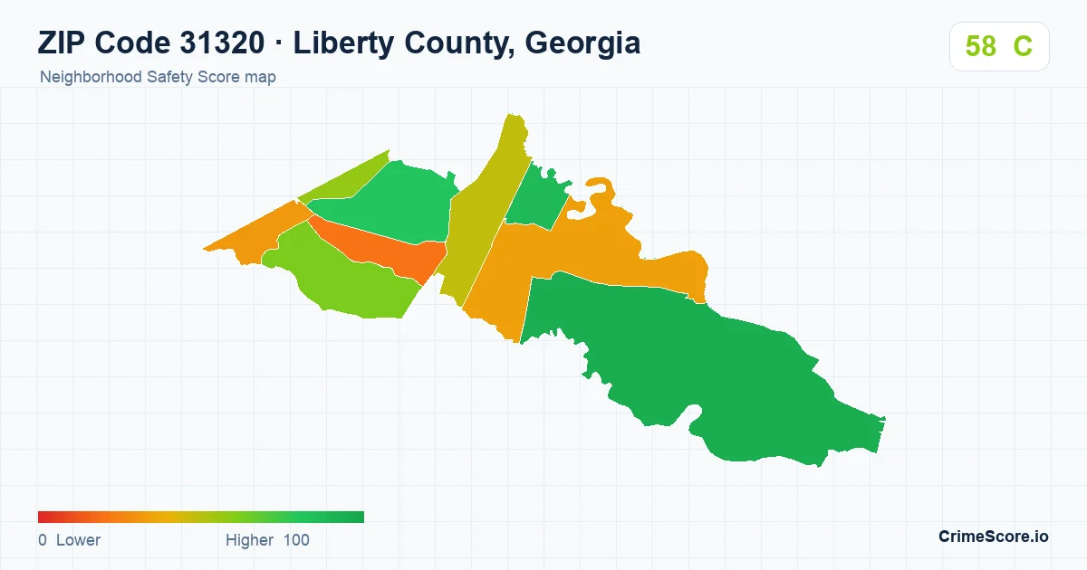 ZIP Code 31320 in Liberty County, Georgia neighborhood Safety Score map
