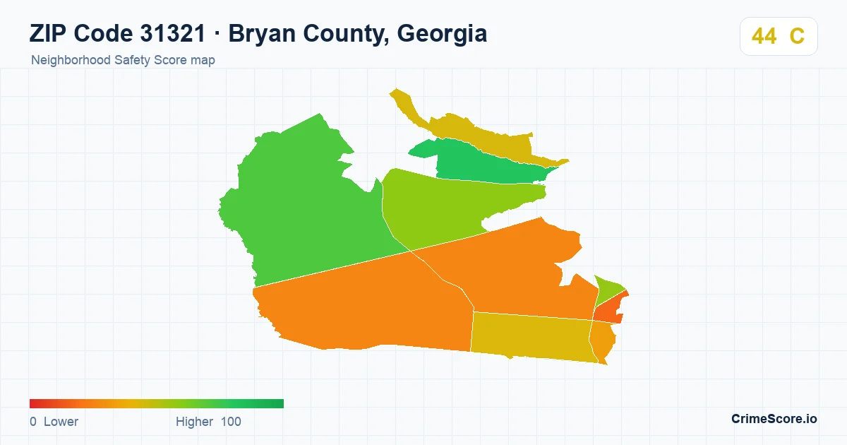 ZIP Code 31321 in Bryan County, Georgia neighborhood Safety Score map