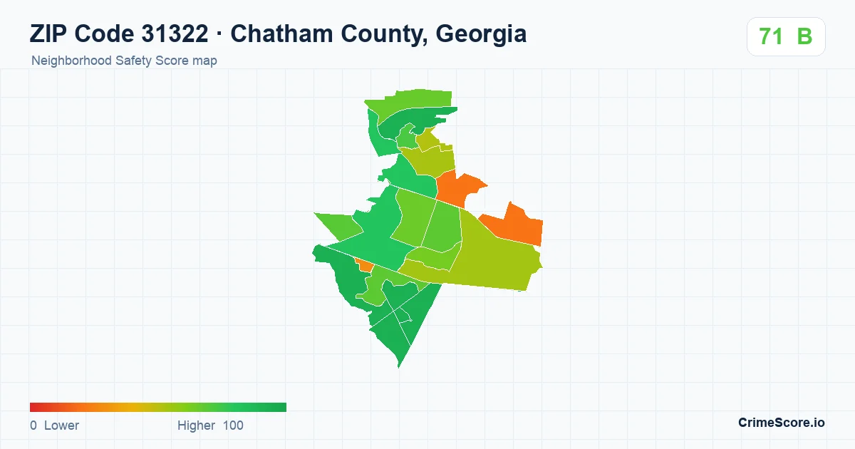 ZIP Code 31322 in Chatham County, Georgia neighborhood Safety Score map