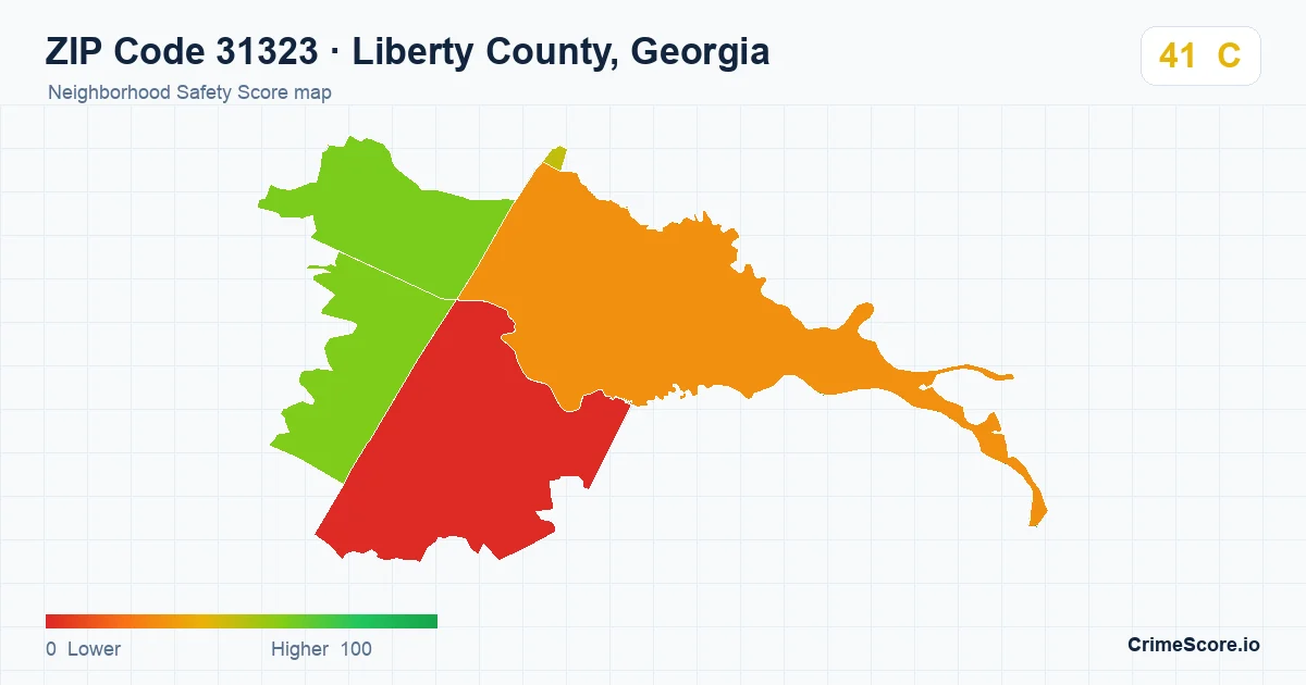 ZIP Code 31323 in Liberty County, Georgia neighborhood Safety Score map