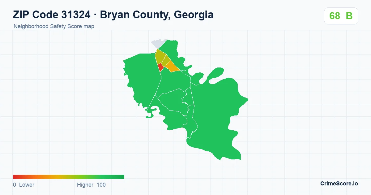 ZIP Code 31324 in Bryan County, Georgia neighborhood Safety Score map