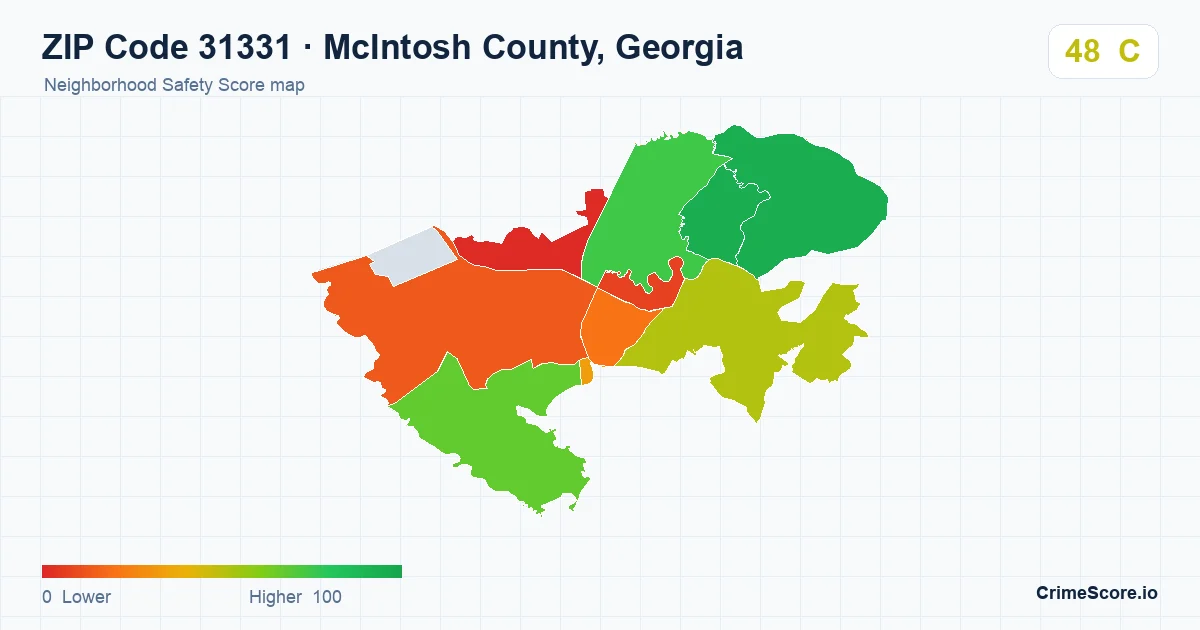 ZIP Code 31331 in McIntosh County, Georgia neighborhood Safety Score map