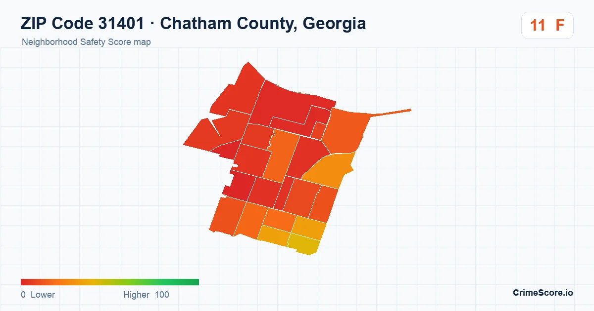 ZIP Code 31401 in Chatham County, Georgia neighborhood Safety Score map