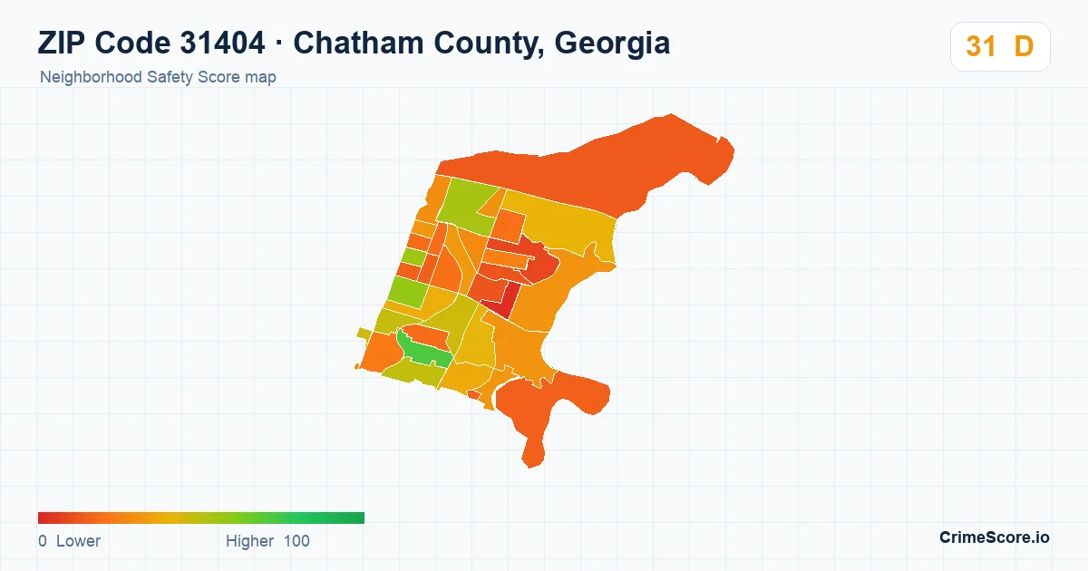 ZIP Code 31404 in Chatham County, Georgia neighborhood Safety Score map