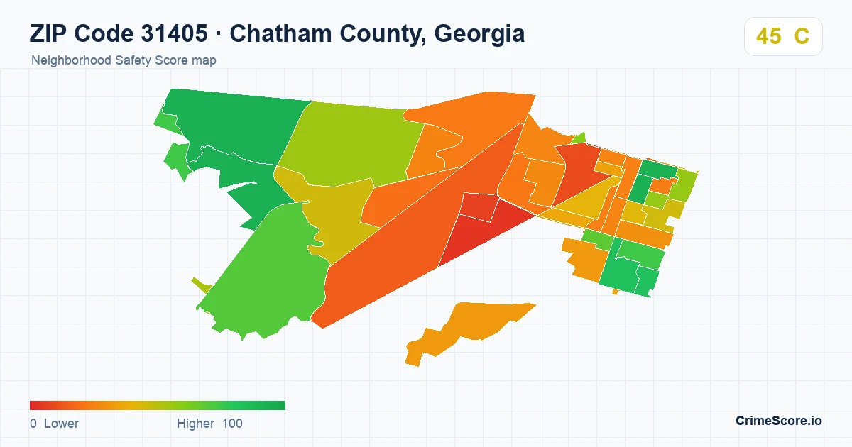 ZIP Code 31405 in Chatham County, Georgia neighborhood Safety Score map