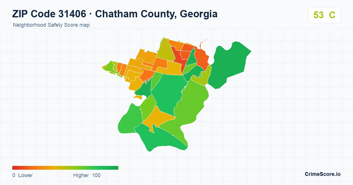 ZIP Code 31406 in Chatham County, Georgia neighborhood Safety Score map
