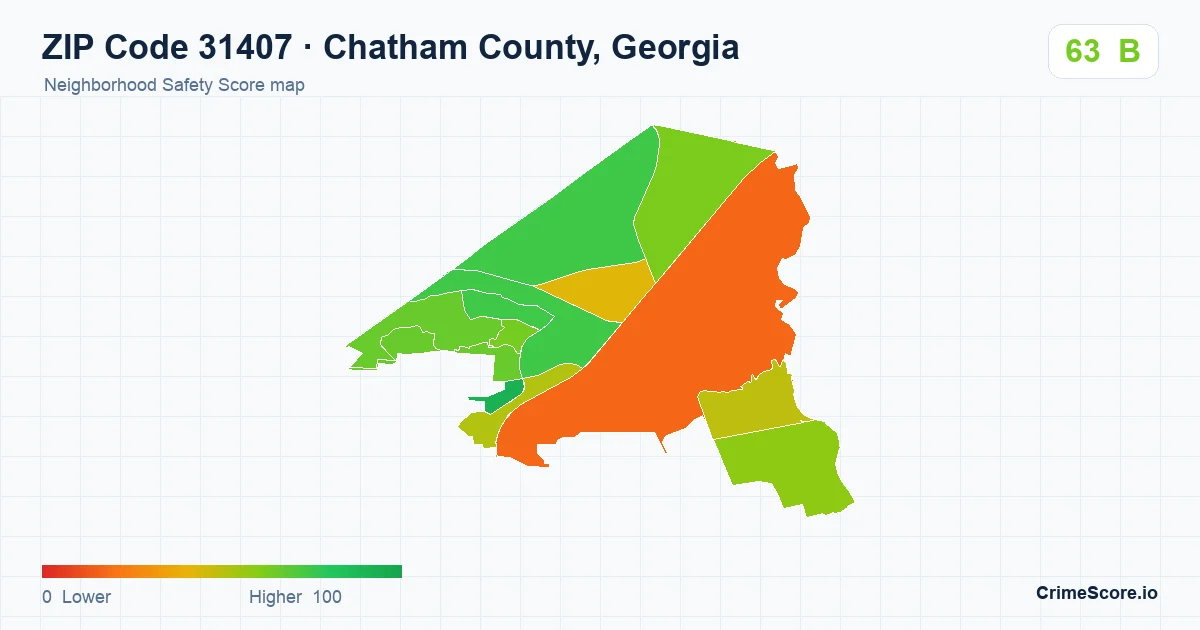 ZIP Code 31407 in Chatham County, Georgia neighborhood Safety Score map