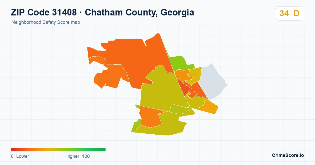 ZIP Code 31408 in Chatham County, Georgia neighborhood Safety Score map