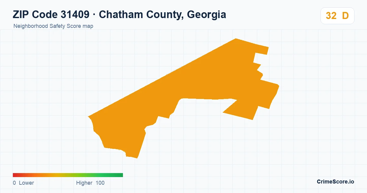 ZIP Code 31409 in Chatham County, Georgia neighborhood Safety Score map