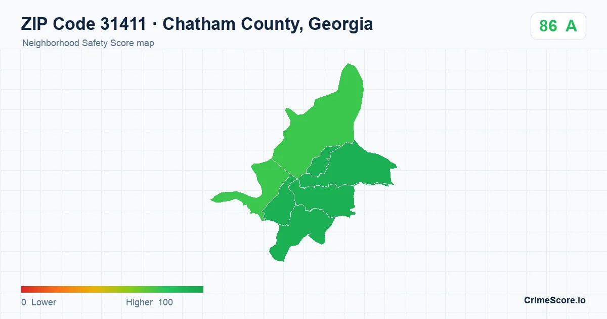 ZIP Code 31411 in Chatham County, Georgia neighborhood Safety Score map