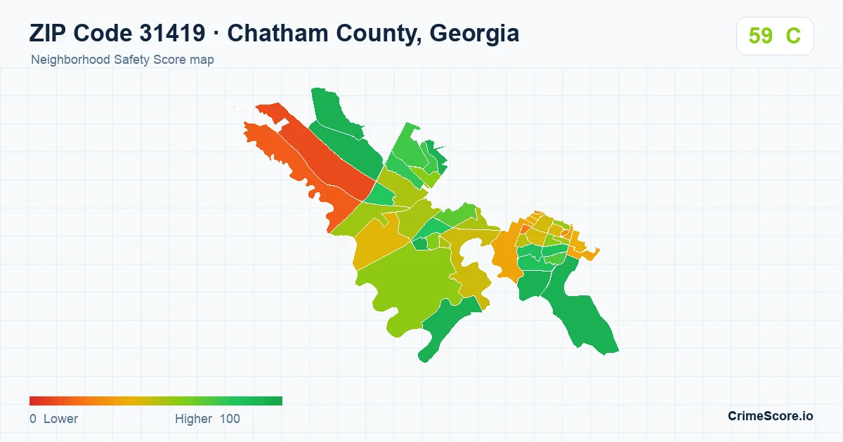 ZIP Code 31419 in Chatham County, Georgia neighborhood Safety Score map
