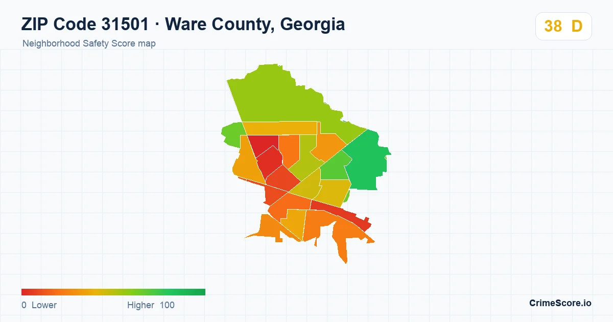ZIP Code 31501 in Ware County, Georgia neighborhood Safety Score map