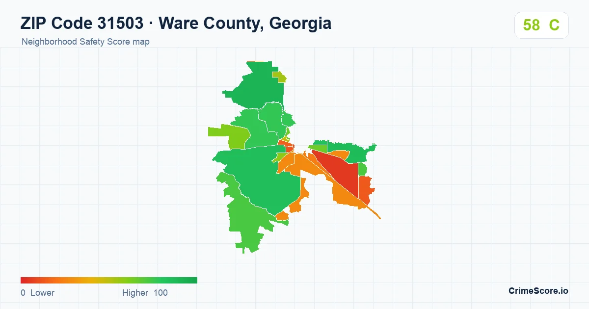 ZIP Code 31503 in Ware County, Georgia neighborhood Safety Score map