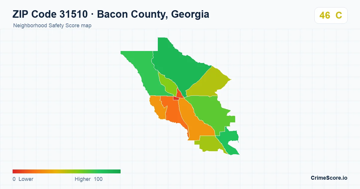 ZIP Code 31510 in Bacon County, Georgia neighborhood Safety Score map