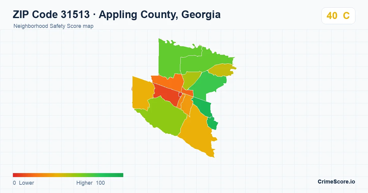 ZIP Code 31513 in Appling County, Georgia neighborhood Safety Score map