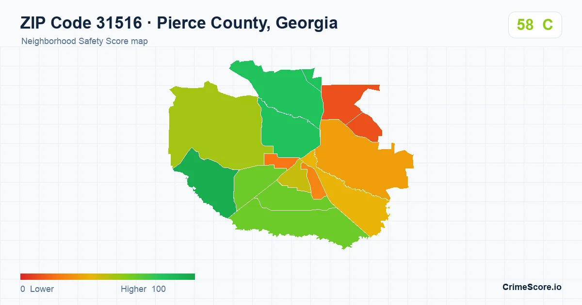 ZIP Code 31516 in Pierce County, Georgia neighborhood Safety Score map
