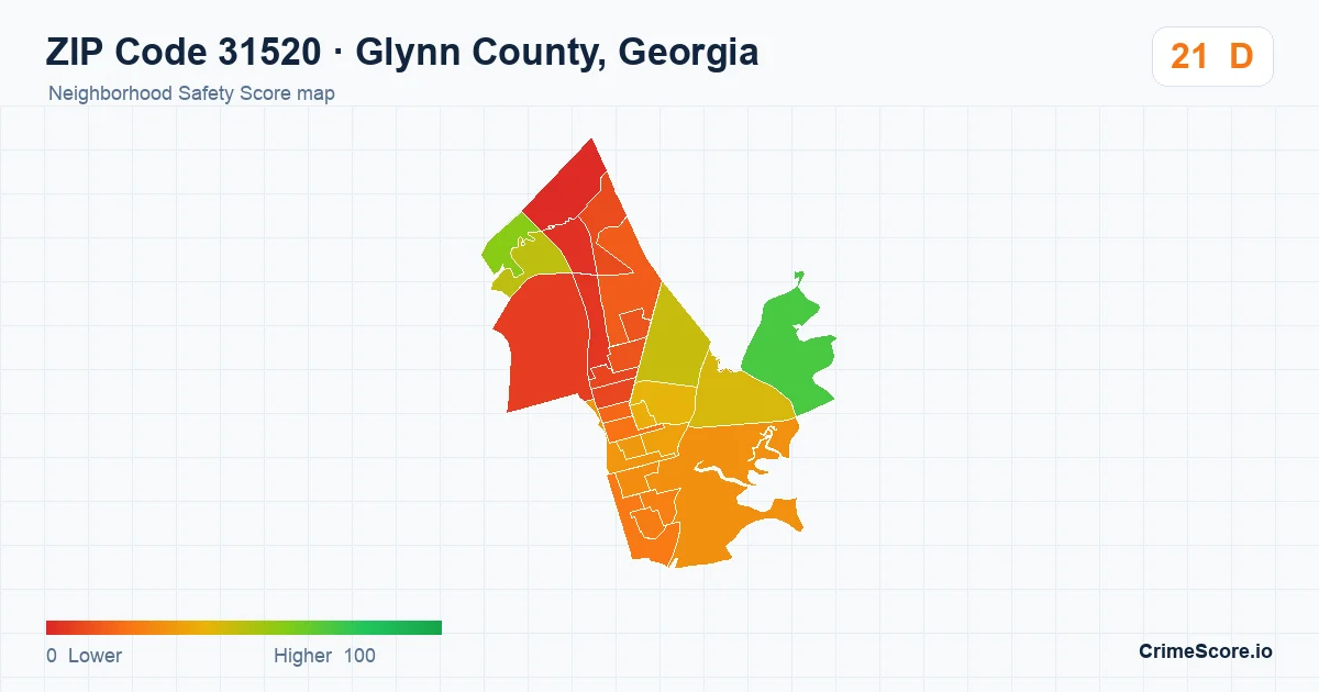 ZIP Code 31520 in Glynn County, Georgia neighborhood Safety Score map