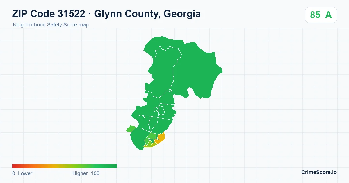 ZIP Code 31522 in Glynn County, Georgia neighborhood Safety Score map