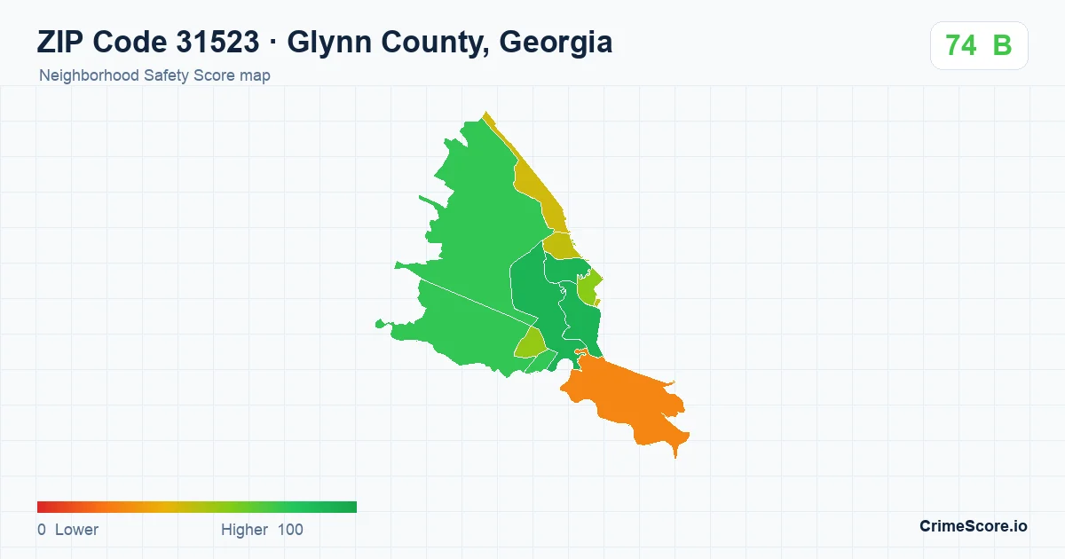 ZIP Code 31523 in Glynn County, Georgia neighborhood Safety Score map