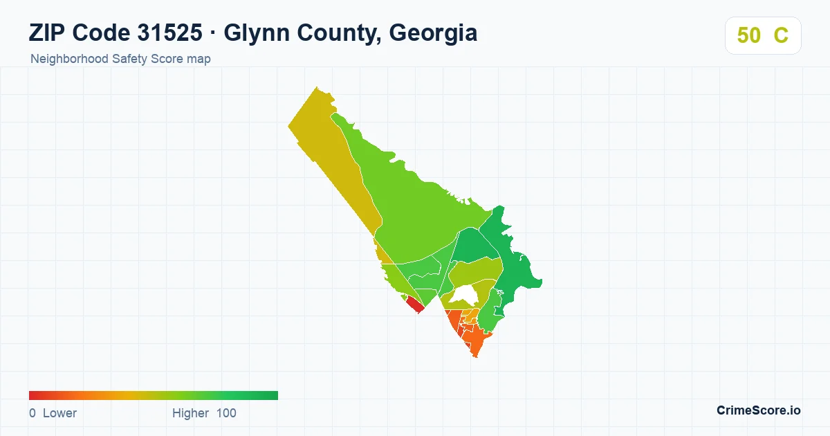 ZIP Code 31525 in Glynn County, Georgia neighborhood Safety Score map