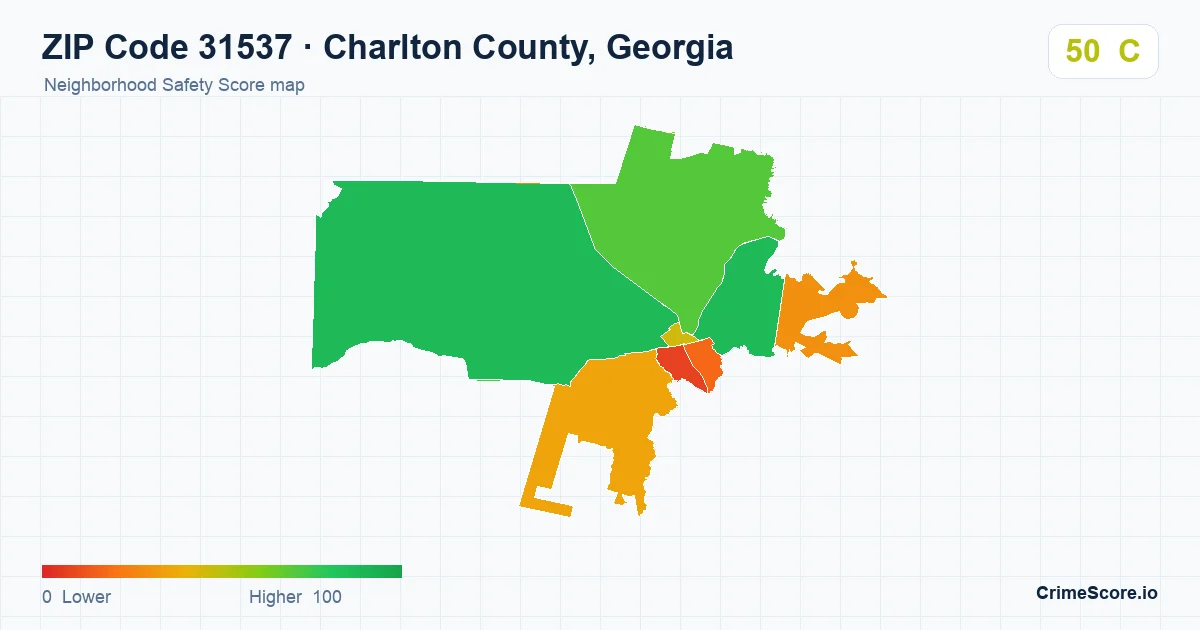 ZIP Code 31537 in Charlton County, Georgia neighborhood Safety Score map