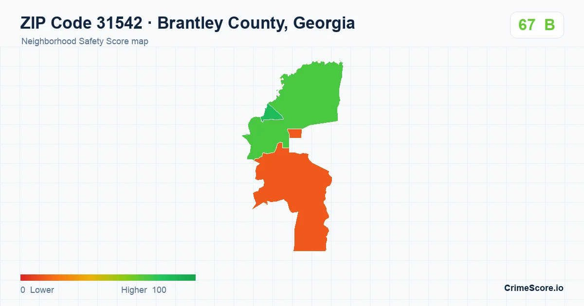 ZIP Code 31542 in Brantley County, Georgia neighborhood Safety Score map