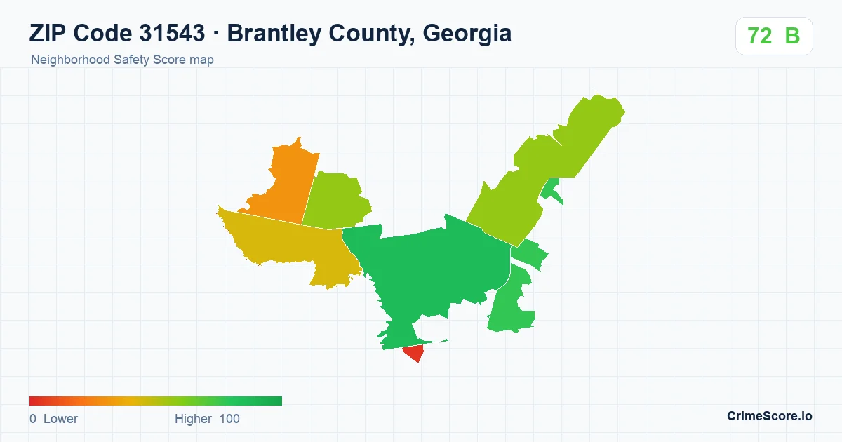 ZIP Code 31543 in Brantley County, Georgia neighborhood Safety Score map