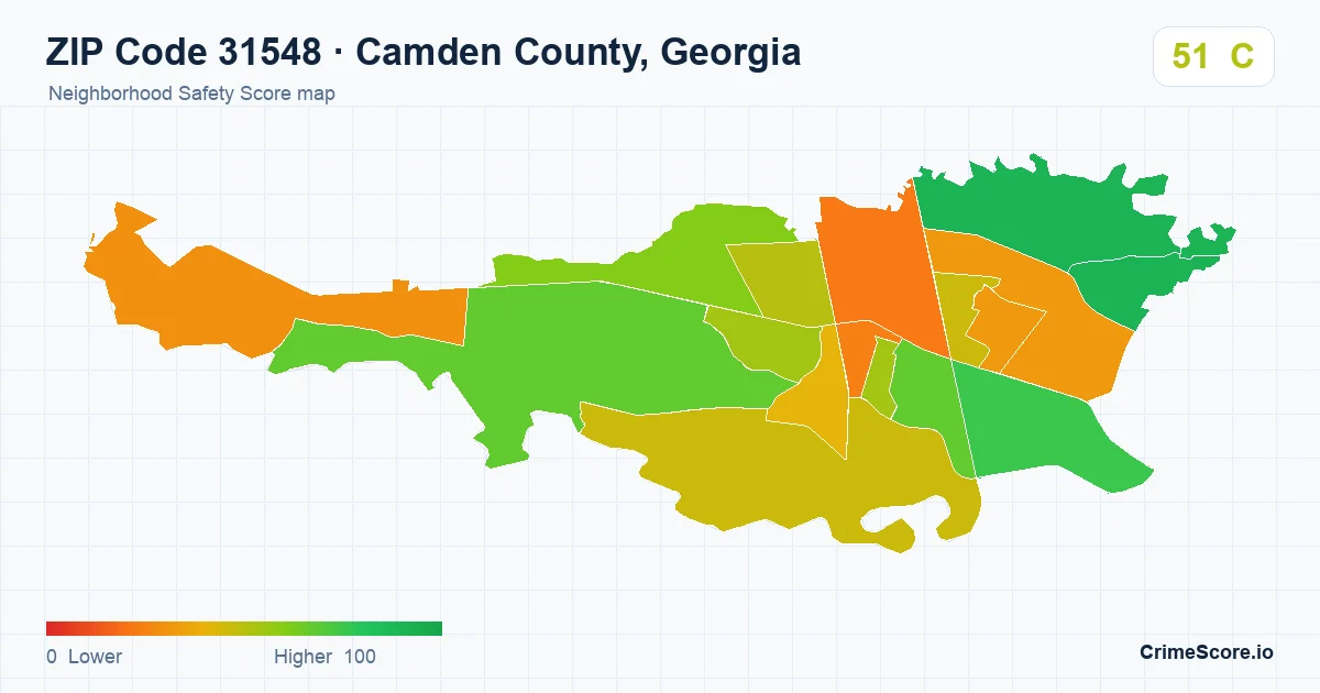 ZIP Code 31548 in Camden County, Georgia neighborhood Safety Score map