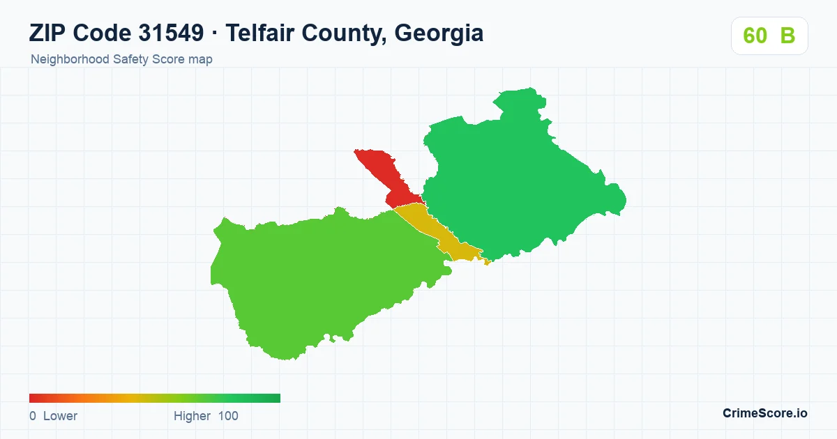 ZIP Code 31549 in Telfair County, Georgia neighborhood Safety Score map