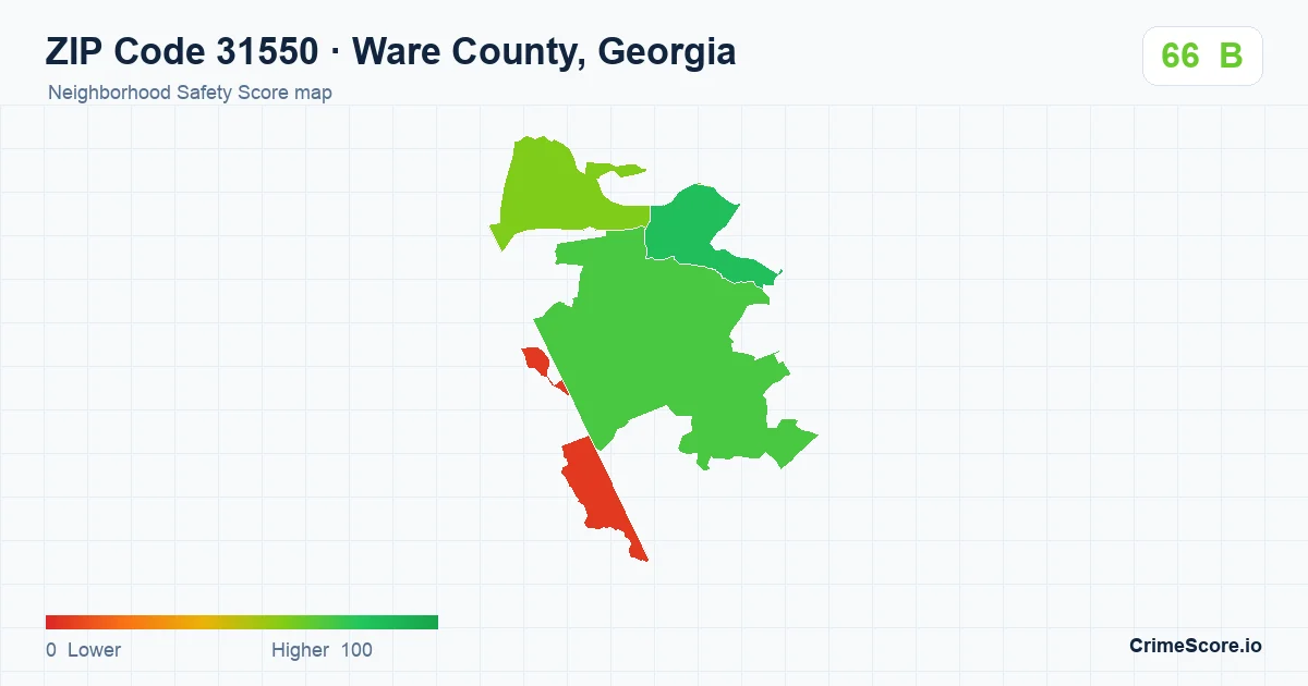 ZIP Code 31550 in Ware County, Georgia neighborhood Safety Score map