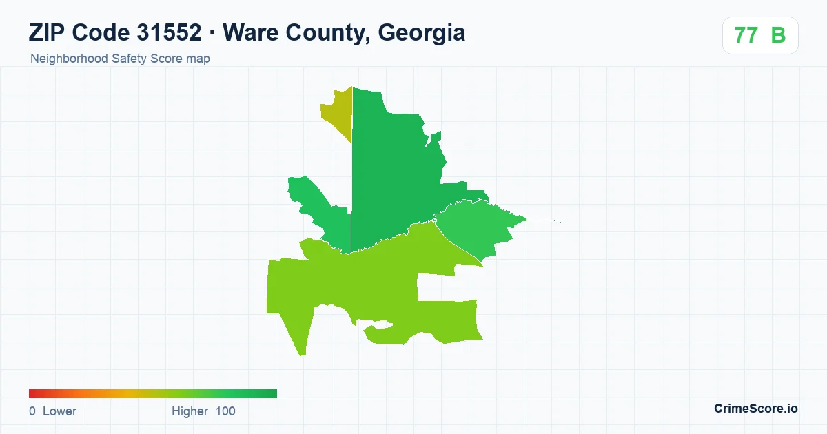 ZIP Code 31552 in Ware County, Georgia neighborhood Safety Score map