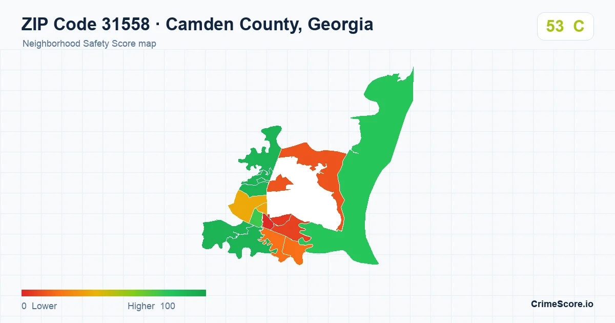 ZIP Code 31558 in Camden County, Georgia neighborhood Safety Score map